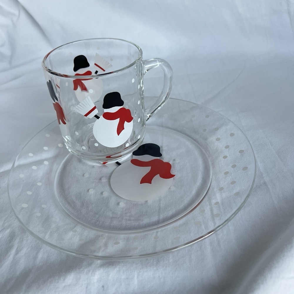 Arcoroc France Glass Snowman Broom Dessert Plate Luminarc Mug Set Christmas